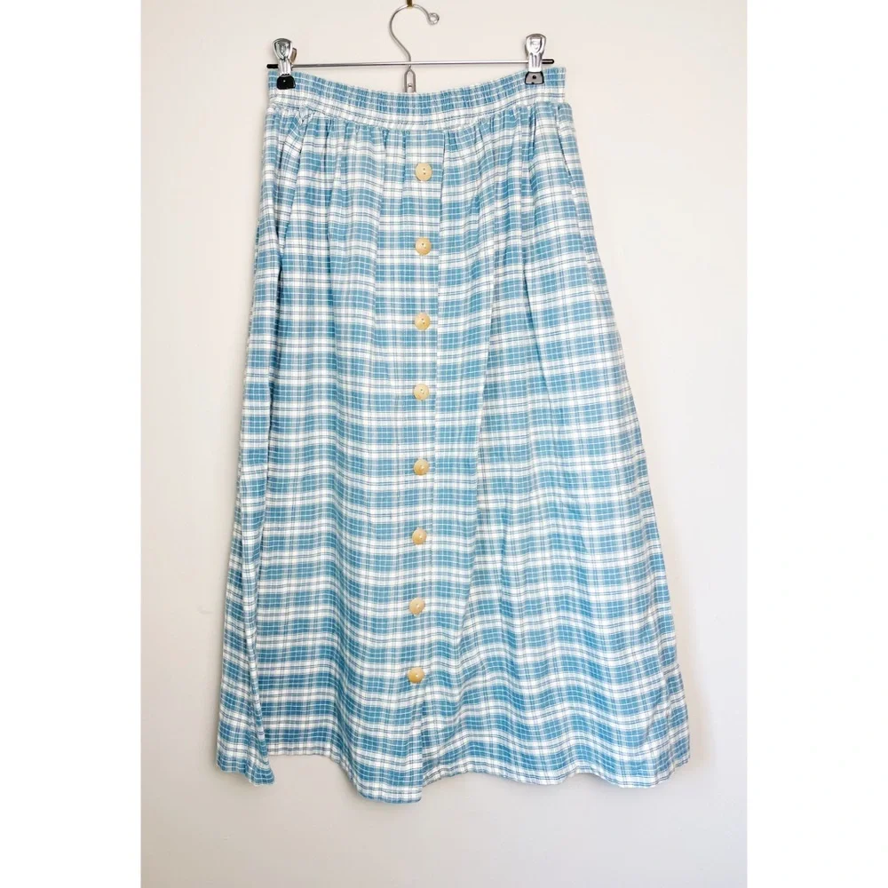 SOLD vintage gingham milk maid midi skirt sky blue size m - Picture 4 of 4